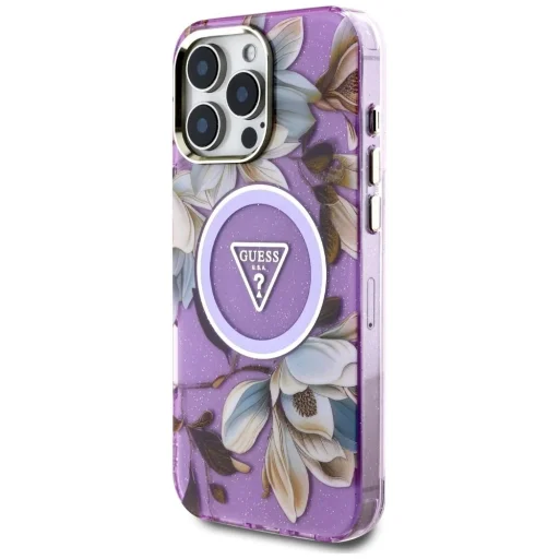  iPhone 16 Pro Max lila Guess Glitter Flowers Triangle Buttons MagSafe tok - 3