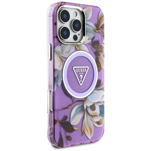  iPhone 16 Pro Max lila Guess Glitter Flowers Triangle Buttons MagSafe tok - 7