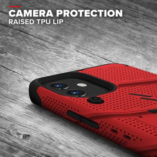 iPhone 12 Mini Zizo Bolt katonai minősítésű ütésálló tok övcsipesszel + üvegfólia piros-fekete - 4