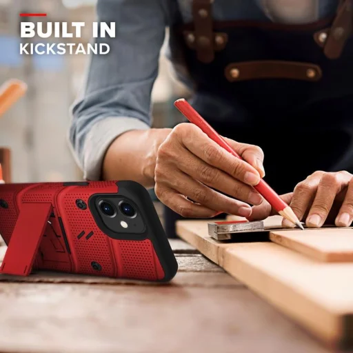 iPhone 12 Mini Zizo Bolt katonai minősítésű ütésálló tok övcsipesszel + üvegfólia piros-fekete - 5