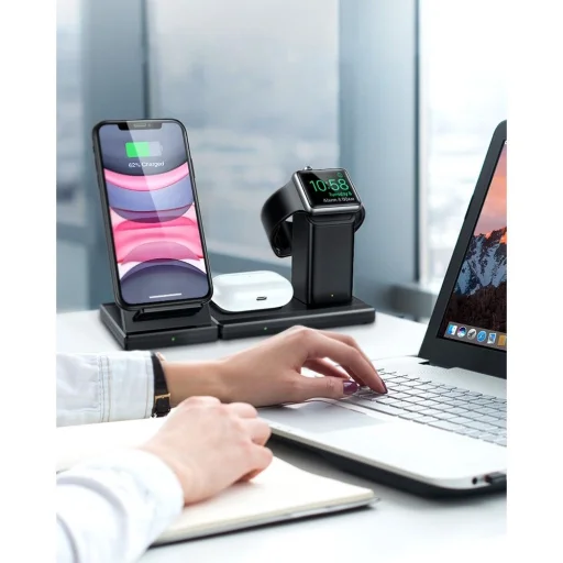  Airpods, Apple Watch, iPhone Fekete ESR 3in1 Vezeték nélküli gyorstöltő állvány, töltőállomás - 3