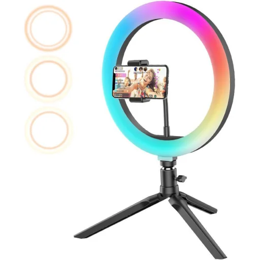 Blitzwolf 25cm körfény, ringlight LED RGB asztali és tripod telefontartóval fekete (BW-SL5) - 2