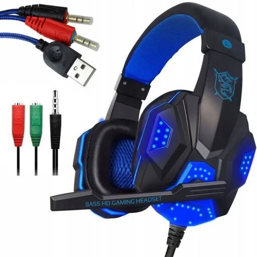 Gaming Headset LED V8, fejhallgató mikrofonnal fekete/kék - 1