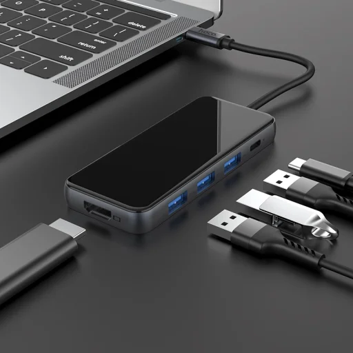 Hoco HB15 Easy Show 5 in 1 Type-C HUB adapter 3xUSB 3.0/ HDMI/ Type-C PD csatlakozók szürke - 6