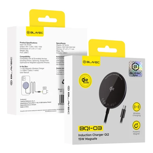 Blavec BQI-03 Qi2 15W mágneses Magsafe vezeték nélküli töltő (BQI03-QI2MB) fekete - 1