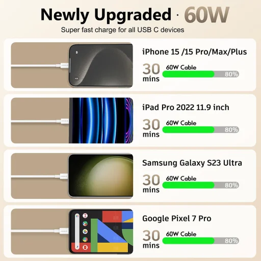 Techsuit - Adatkábel (PCB130) - Type-C to Type-C, Gyors töltés, 60W, 480Mbps, Alumínium ötvözet, 1m - Fehér - 4