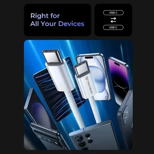 Techsuit - Adatkábel (PCB114D) - Apple, Android és Type-C készülékekhez, Szupergyors töltés, PD60W, Rugalmas, Tartós, 1m - Rózsaszín - 5