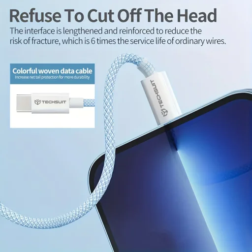 Techsuit - Adatkábel (PCB114D) - Apple, Android és Type-C készülékekhez, Szupergyors töltés, PD60W, Rugalmas, Tartós, 1m - Rózsaszín - 6