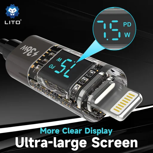  Lito - Adatkábel (LD09) - Lightningről Type-C-re, 100W magas sebességű töltés, LED kijelző, 1,2 m - Fekete - 5