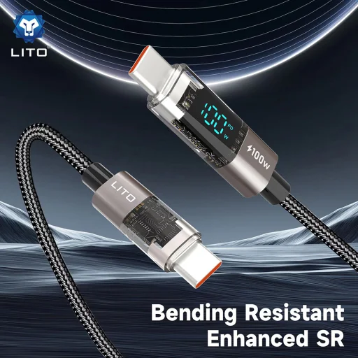  Lito - Adatkábel (LD09) - Lightningről Type-C-re, 100W magas sebességű töltés, LED kijelző, 1,2 m - Fekete - 2