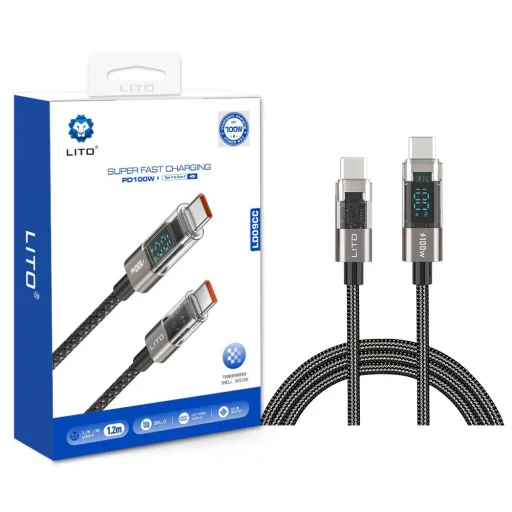  Lito - Adatkábel (LD09) - Lightningről Type-C-re, 100W magas sebességű töltés, LED kijelző, 1,2 m - Fekete - 1