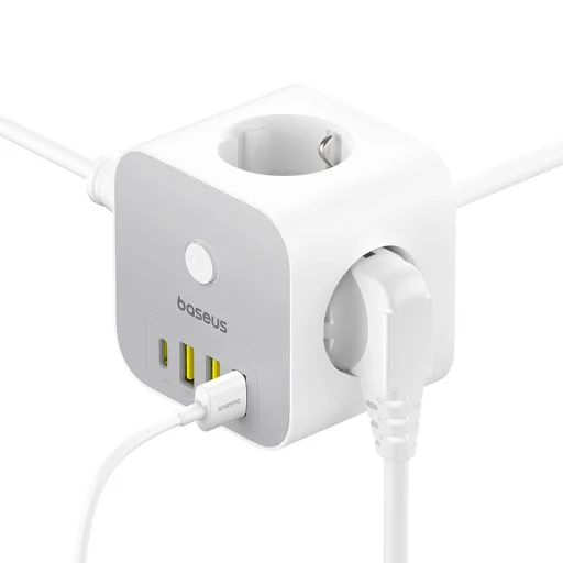 Baseus PowerCombo 7 az 1-ben hálózati elosztó kocka, 3 AC + 3 x USB-A + 1 x USB-C 20W 1,5 m - fehér - 5