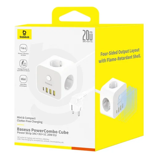Baseus PowerCombo 7 az 1-ben hálózati elosztó kocka, 3 AC + 3 x USB-A + 1 x USB-C 20W 1,5 m - fehér - 7