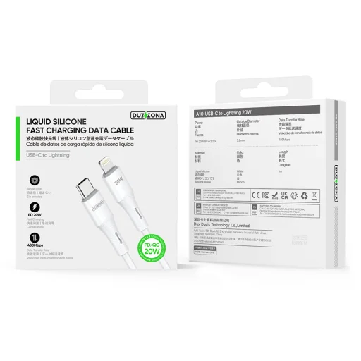  Duzzona - Adatkábel (A10) - Folyékony szilikon, USB-C - Villám, 20W, 1m - Fehér - 7