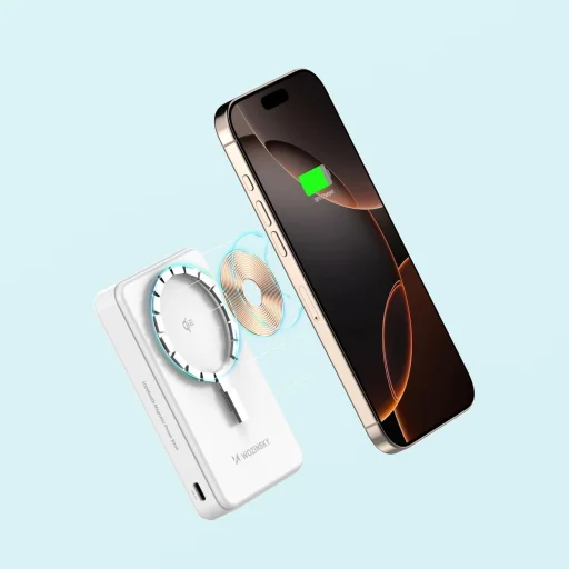 Wozinsky WLWP-10KA0Y3WS 22,5W PD Qi2 10000 mAh powerbank állvánnyal, 1x USB-A, 1x USB-C - fehér - 15