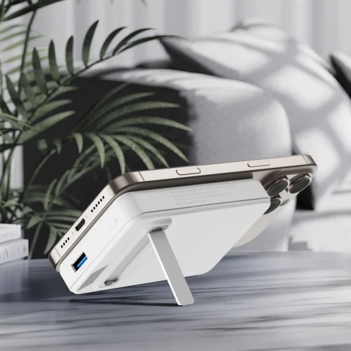 Wozinsky WLWP-10KA0Y3WS 22,5W PD Qi2 10000 mAh powerbank állvánnyal, 1x USB-A, 1x USB-C - fehér - 19