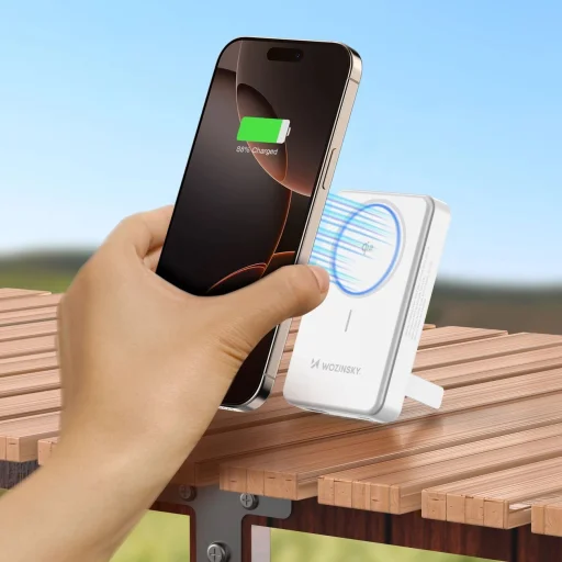 Wozinsky WLWP-10KA0Y3WS 22,5W PD Qi2 10000 mAh powerbank állvánnyal, 1x USB-A, 1x USB-C - fehér - 20