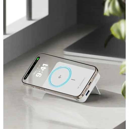 Wozinsky WLWP-10KA0Y3WS 22,5W PD Qi2 10000 mAh powerbank állvánnyal, 1x USB-A, 1x USB-C - fehér - 21