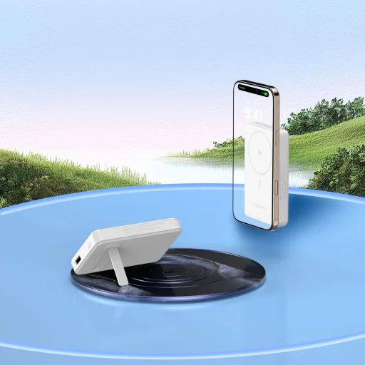 Wozinsky WLWP-10KA0Y3WS 22,5W PD Qi2 10000 mAh powerbank állvánnyal, 1x USB-A, 1x USB-C - fehér - 22