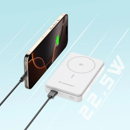 Wozinsky WLWP-10KA0Y3WS 22,5W PD Qi2 10000 mAh powerbank állvánnyal, 1x USB-A, 1x USB-C - fehér - 23