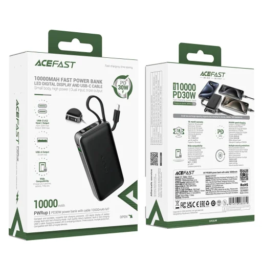 Acefast M7-10000 PD30W Powerbank beépített kábellel - Fekete - 5