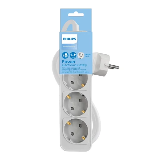 Hálózati hosszabbító PHILIPS elosztó 3 Schuko aljzattal 1,5m 10A fehér - 2