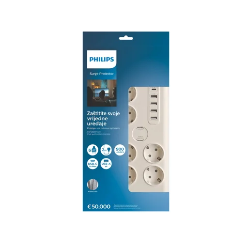 Túlfeszültségvédős elosztó PHILIPS hosszabbító 6 Schuko aljzat + 6xUSB-A + 1xUSB-C 2m 16A fehér - 2