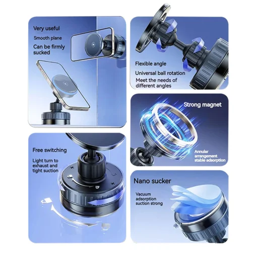  Techsuit - Autós tartó vezeték nélküli töltéssel (HOLD253) - MagSafe N52 mágnesek 15W, erős tapadókorong, műszerfalra - Fekete - 6