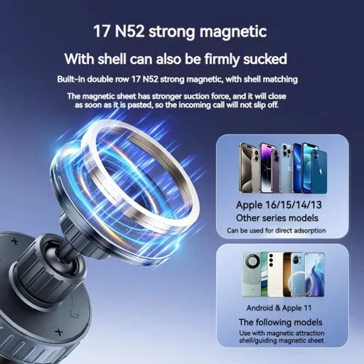  Techsuit - Autós tartó vezeték nélküli töltéssel (HOLD253) - MagSafe N52 mágnesek 15W, erős tapadókorong, műszerfalra - Fekete - 7