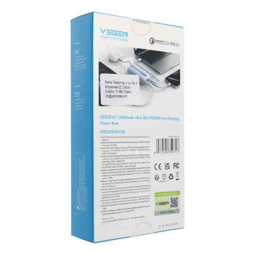VEGER powerbank 10000 mAh beépített kábelekkel Type C / Lightning PD QC3.0 35W K1 (W1188) égkék - 4