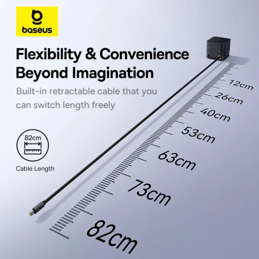  Baseus - Fali töltő Super GaN (P10164001123-00) - Visszahúzható kábel, Gyors töltés, 2xUSB, Type-C, 100W, 1,5m - Kozmikus fekete - 21