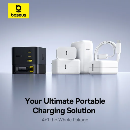  Baseus - Fali töltő Super GaN (P10164001123-00) - Visszahúzható kábel, Gyors töltés, 2xUSB, Type-C, 100W, 1,5m - Kozmikus fekete - 27