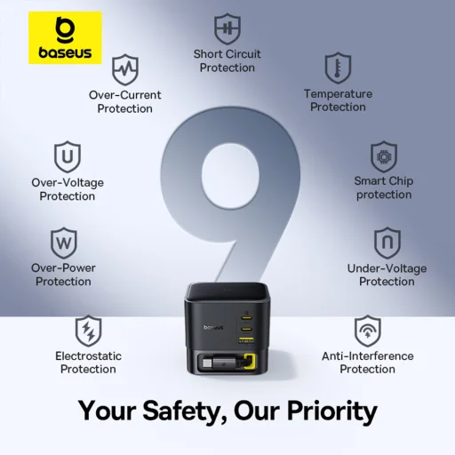  Baseus - Fali töltő Super GaN (P10164001123-00) - Visszahúzható kábel, Gyors töltés, 2xUSB, Type-C, 100W, 1,5m - Kozmikus fekete - 31