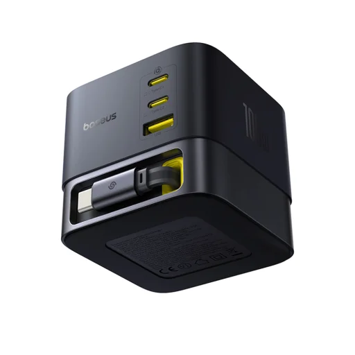  Baseus - Fali töltő Super GaN (P10164001123-00) - Visszahúzható kábel, Gyors töltés, 2xUSB, Type-C, 100W, 1,5m - Kozmikus fekete - 5