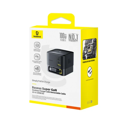  Baseus - Fali töltő Super GaN (P10164001123-00) - Visszahúzható kábel, Gyors töltés, 2xUSB, Type-C, 100W, 1,5m - Kozmikus fekete - 41