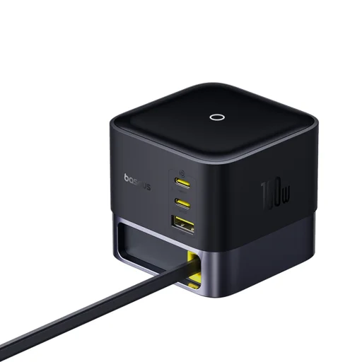  Baseus - Fali töltő Super GaN (P10164001123-00) - Visszahúzható kábel, Gyors töltés, 2xUSB, Type-C, 100W, 1,5m - Kozmikus fekete - 9