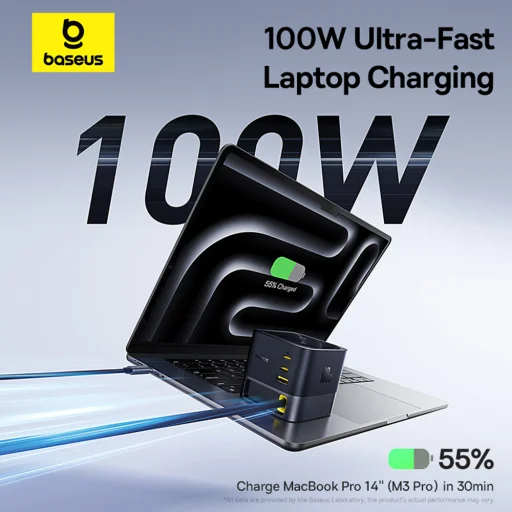  Baseus - Fali töltő Super GaN (P10164001123-00) - Visszahúzható kábel, Gyors töltés, 2xUSB, Type-C, 100W, 1,5m - Kozmikus fekete - 15