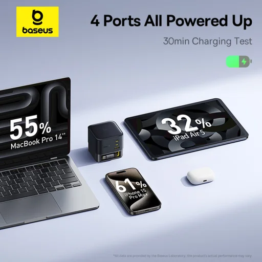  Baseus - Fali töltő Super GaN (P10164001123-00) - Visszahúzható kábel, Gyors töltés, 2xUSB, Type-C, 100W, 1,5m - Kozmikus fekete - 17