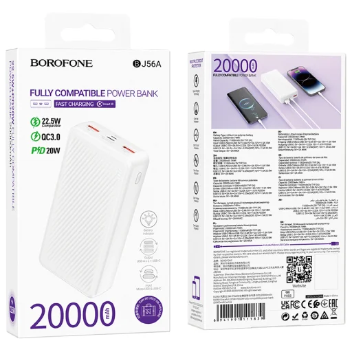 Borofone Power Bank 20000mAh BJ56A Graceful - 2xUSB + Type C - QC 3.0 22,5W PD 20W fehér - 4