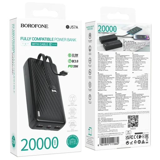 Borofone Power Bank 20000mAh BJ56A Graceful - 2xUSB + Type C - QC 3.0 22,5W PD 20W Type C és Lightning kábelekkel fekete - 5