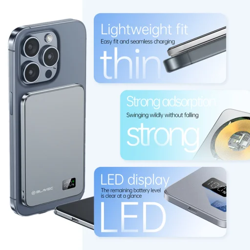 Blavec Power Bank 10000mAh BJ01 Slim 15mm - Typ C - 22,5W mágneses Magsafe 3 az 1-ben (PBBJ01-MC10G) szürke - 11