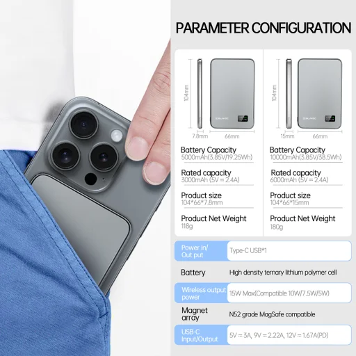 Blavec Power Bank 10000mAh BJ01 Slim 15mm - Typ C - 22,5W mágneses Magsafe 3 az 1-ben (PBBJ01-MC10G) szürke - 12