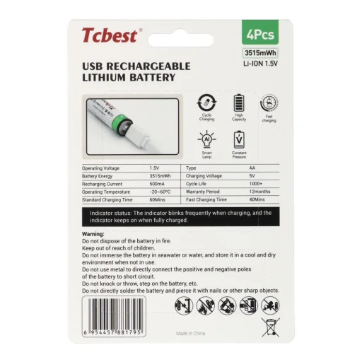 TCBEST tölthető elem R6 (AA) 950 mAh Type C csatlakozóval + USB A - 4 x Type C kábel, 4 darab - 2
