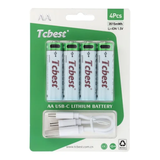 TCBEST tölthető elem R6 (AA) 950 mAh Type C csatlakozóval + USB A - 4 x Type C kábel, 4 darab - 1