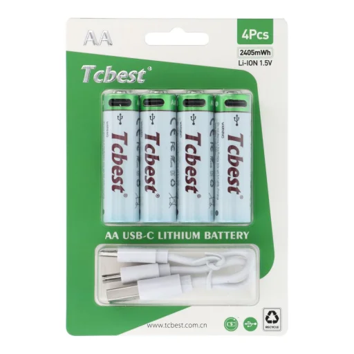 TCBEST újratölthető elem R6 (AA) 650 mAh Type C csatlakozóval + USB A – 4 x Type C kábel 4 db - 1