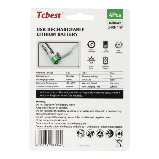 TCBEST tölthető elem R3 (AAA) 220 mAh Type C aljzattal + USB A - 4 x Type C kábel 4 db - 2