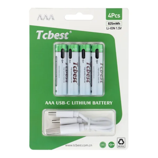 TCBEST tölthető elem R3 (AAA) 220 mAh Type C aljzattal + USB A - 4 x Type C kábel 4 db - 1