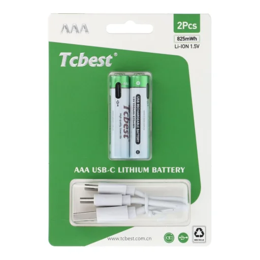 TCBEST tölthető elem R3 (AAA) 220 mAh Type C csatlakozóval + USB A-tól 2 x Type C-ig kábel 2 db - 1