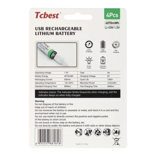 TCBEST újratölthető ceruzaelem R6 (AA) 1100 mAh Type C csatlakozóval + USB A - 4 x Type C kábel 4 db - 2