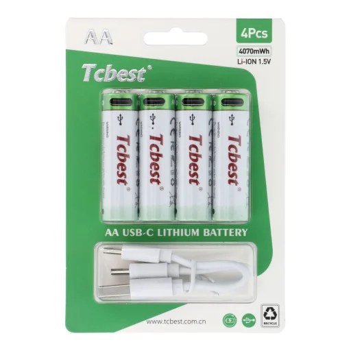 TCBEST újratölthető ceruzaelem R6 (AA) 1100 mAh Type C csatlakozóval + USB A - 4 x Type C kábel 4 db - 1